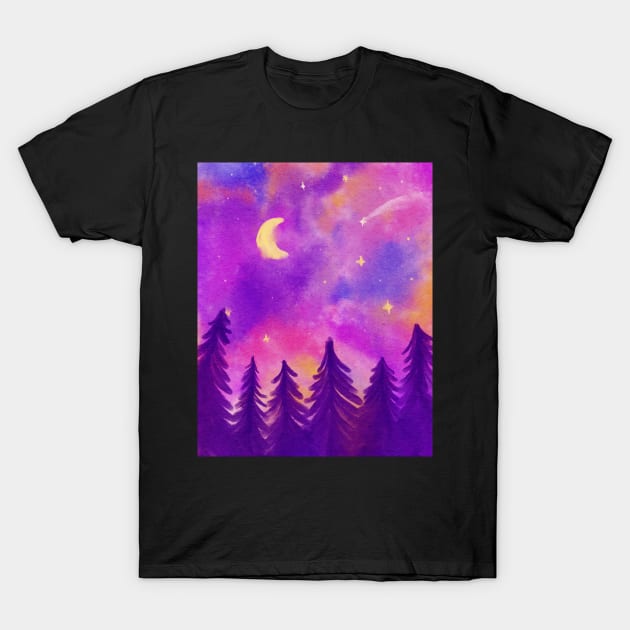 Colorful Fantasy Starry Night Wanderlust Pink and Purple T-Shirt by Trippycollage